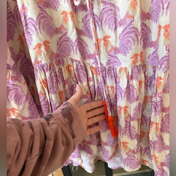 Anthropologie babydoll blouse Novelty Rooster print Ivy Jane ruffles bell sleeve - Picture 5 of 8